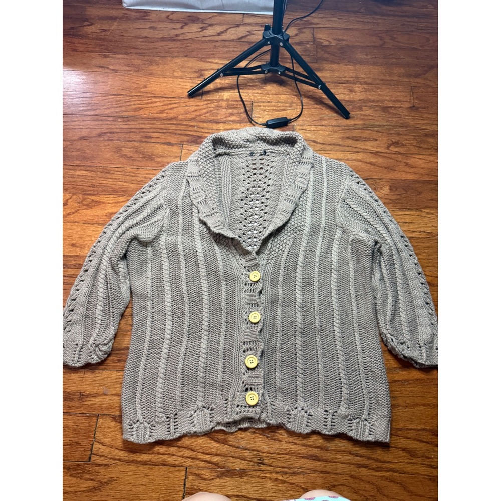 Taupe Cable Knit Shawl Collar Cardigan Sweater Button Front 3/4 Sleeve Beige
